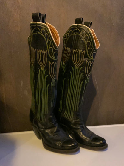 Black leather Western boot with green & yellow stitched tulips