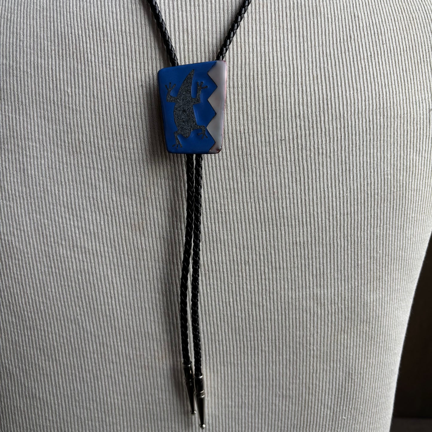 Enamel Lizard Bolo on Black Leather Tie