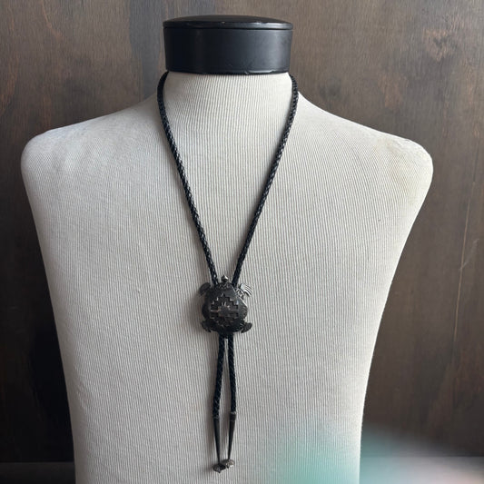 Silver Turtle Bolo on Black Leather Tie