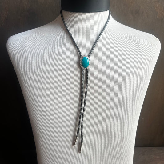 Faux Turquoise Bolo Tie on Black and White Cord