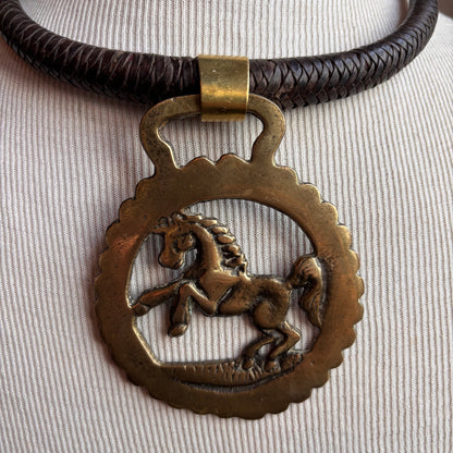 Mac Warman Vintage Brass Horse Medallion Brown Leather Collar Necklace