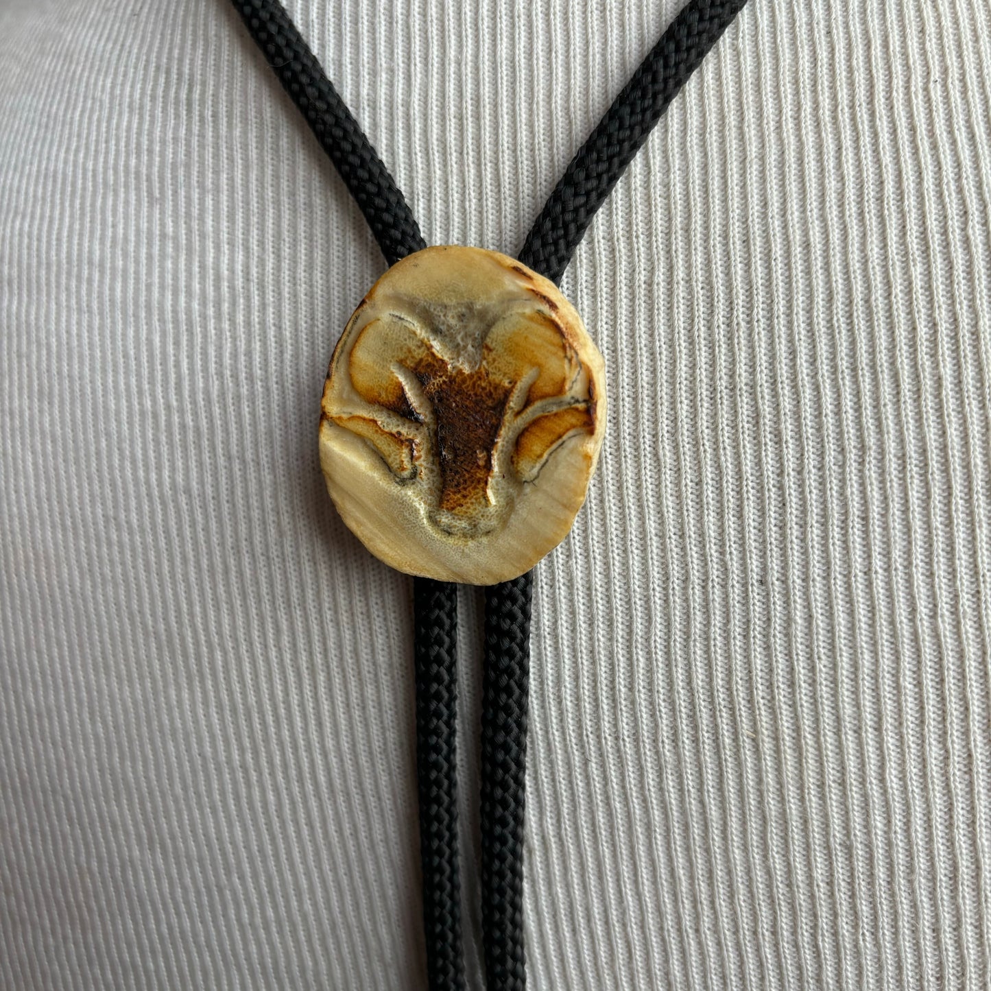 Wood Burn Ram Bolo on Black Tie