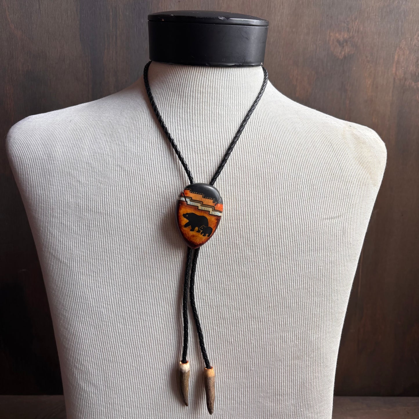 Hand Painted Bear Bolo on Black Leather Tie