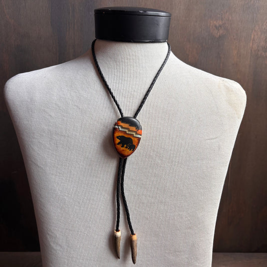 Hand Painted Bear Bolo on Black Leather Tie