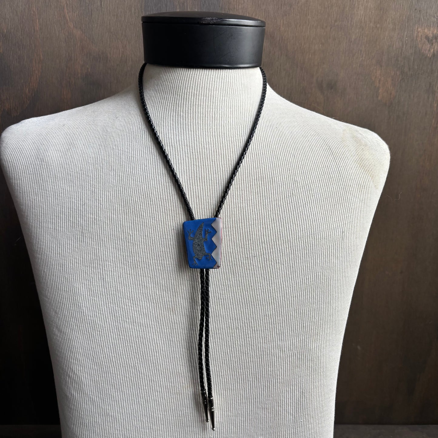 Enamel Lizard Bolo on Black Leather Tie