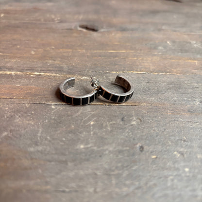 Vintage Sterling Silver Onyx Hoop Earrings