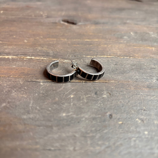 Vintage Sterling Silver Onyx Hoop Earrings