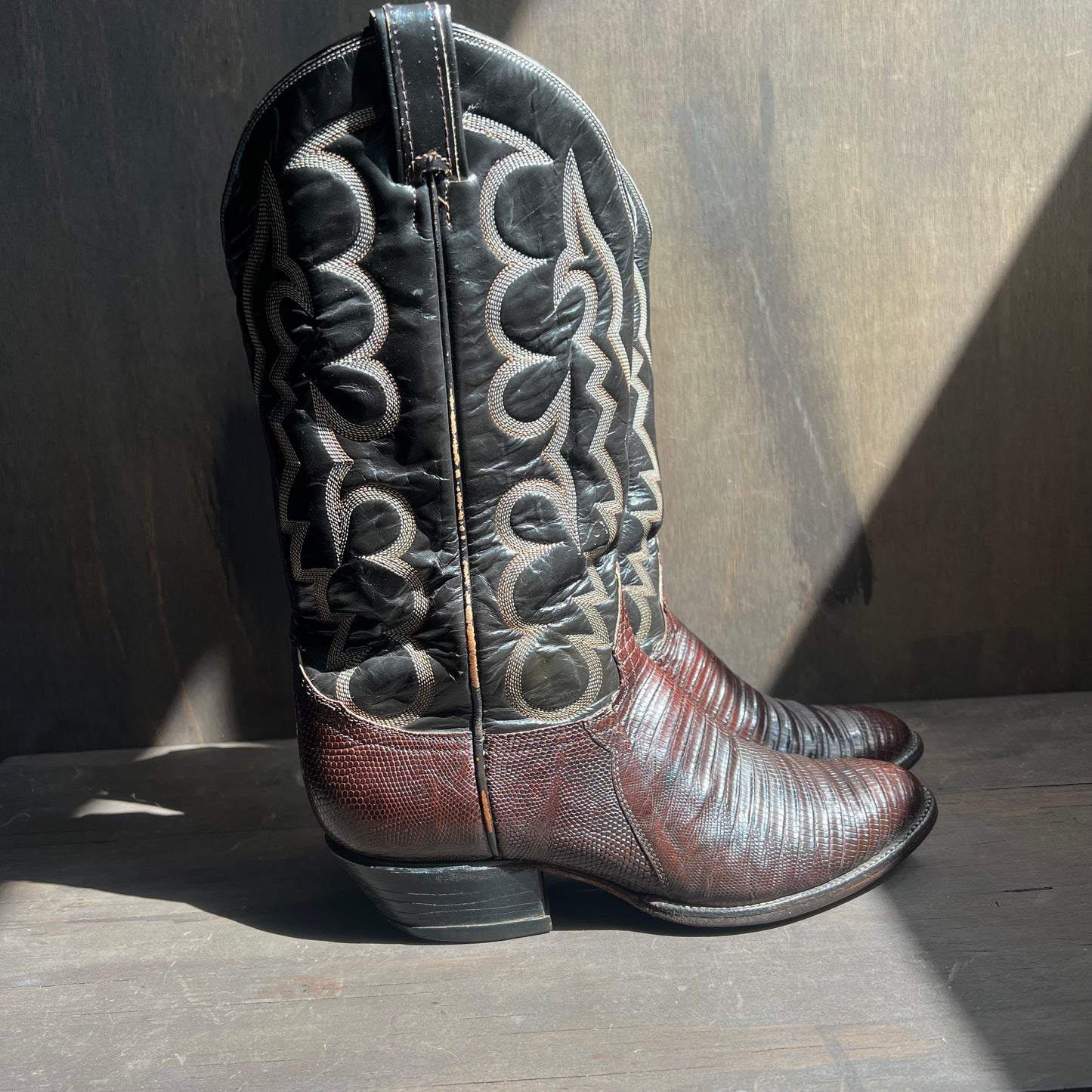 Tony Lama Two-Tone Leather and Lizard Skin Cowboy Boots