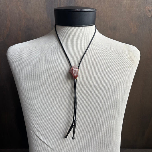 Pink Glass Bolo on Black Leather Tie