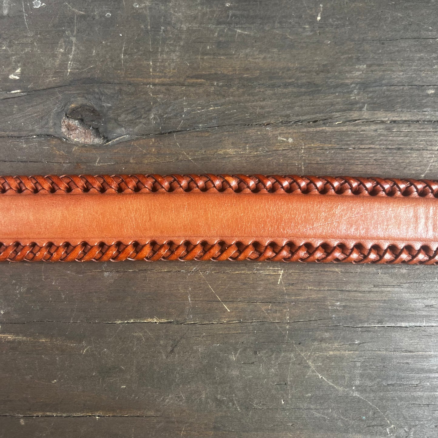 Vintage Brown Leather Belt with Braided Border