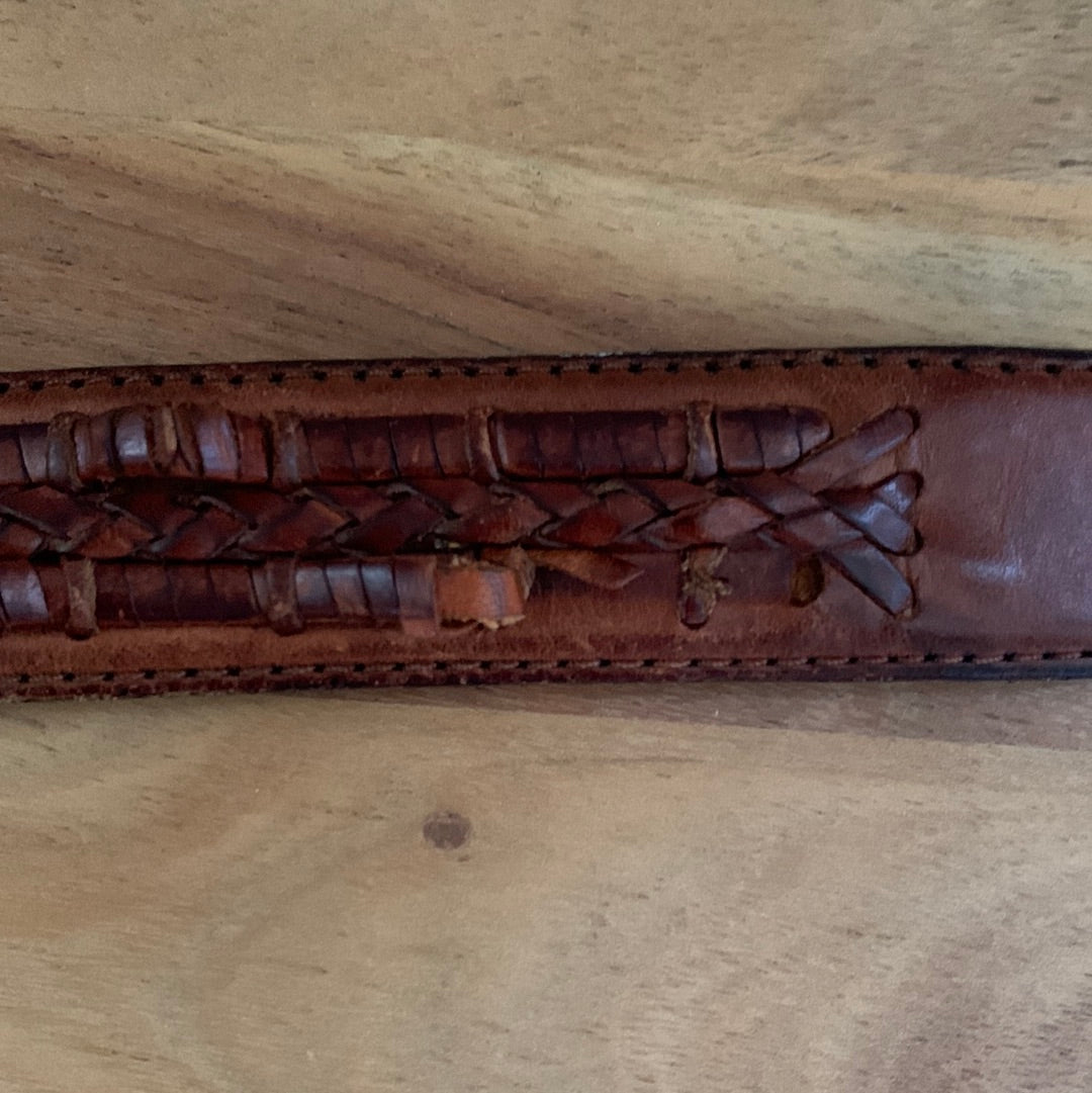 Brown leather braided belt with silver buckle
