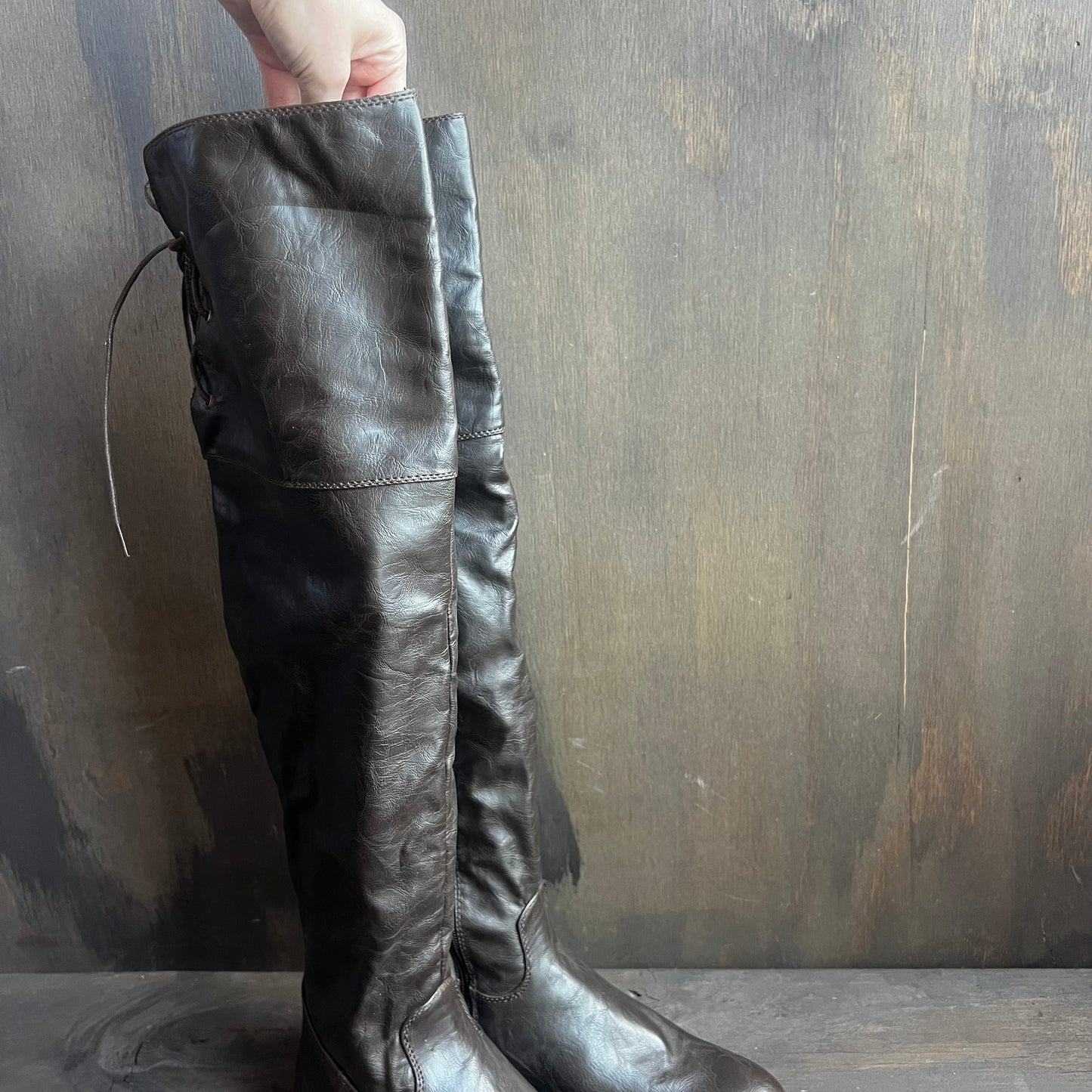 Brown Leather Thigh High Lace Up Boots