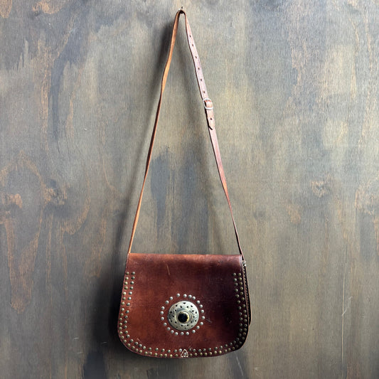 Brown Leather Bag with Faux Stone