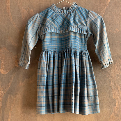 Vintage kids blue & grey button-back plaid dress