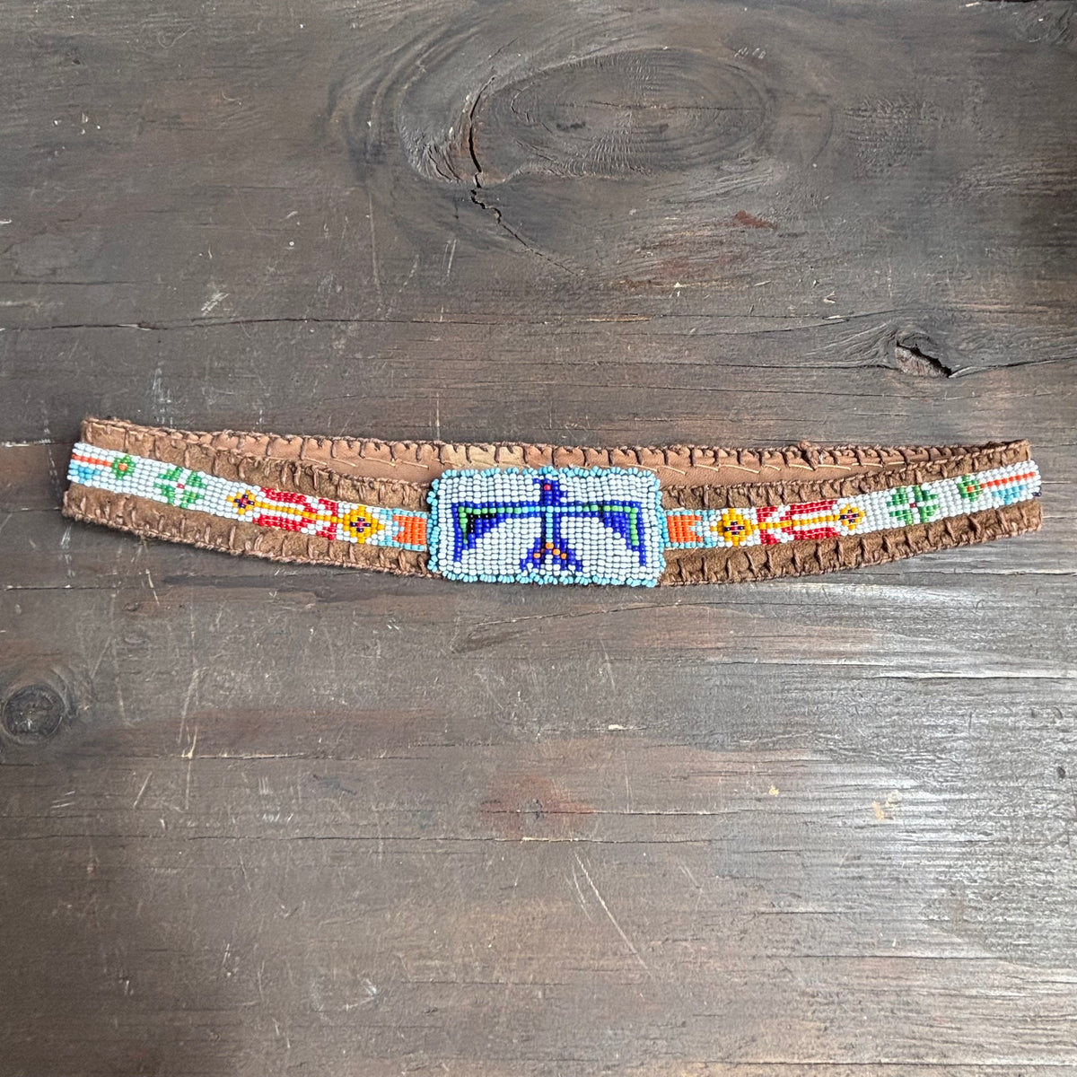Vintage Leather Beaded Thunderbird Hat Band