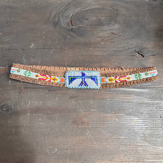 Vintage Leather Beaded Thunderbird Hat Band