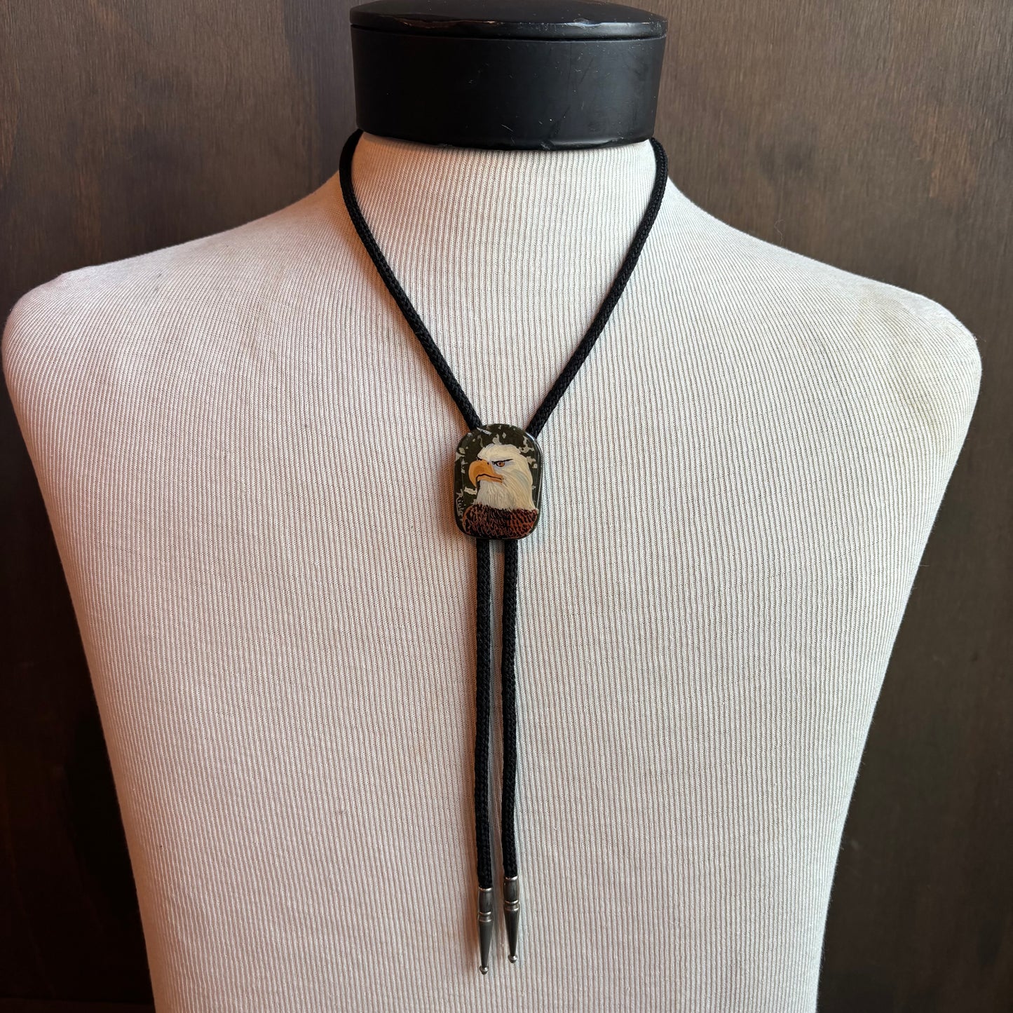 Hand Painted Bald Eagle Bolo on Black Tie
