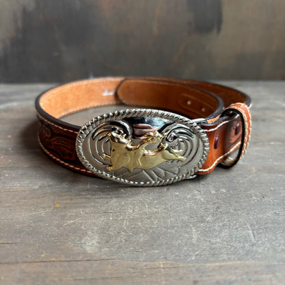 Kids Nocona Tooled Leather Belt with Bull Rider Buckle