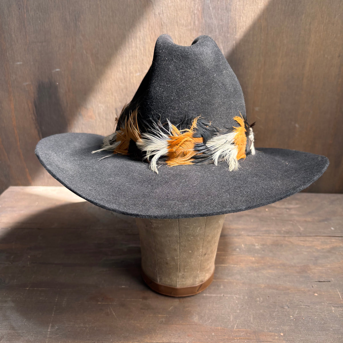 Vintage Black Fur Felt Hat with Feather Band