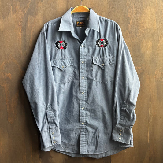 Blue Pearl Snap Button Up with Embroidery