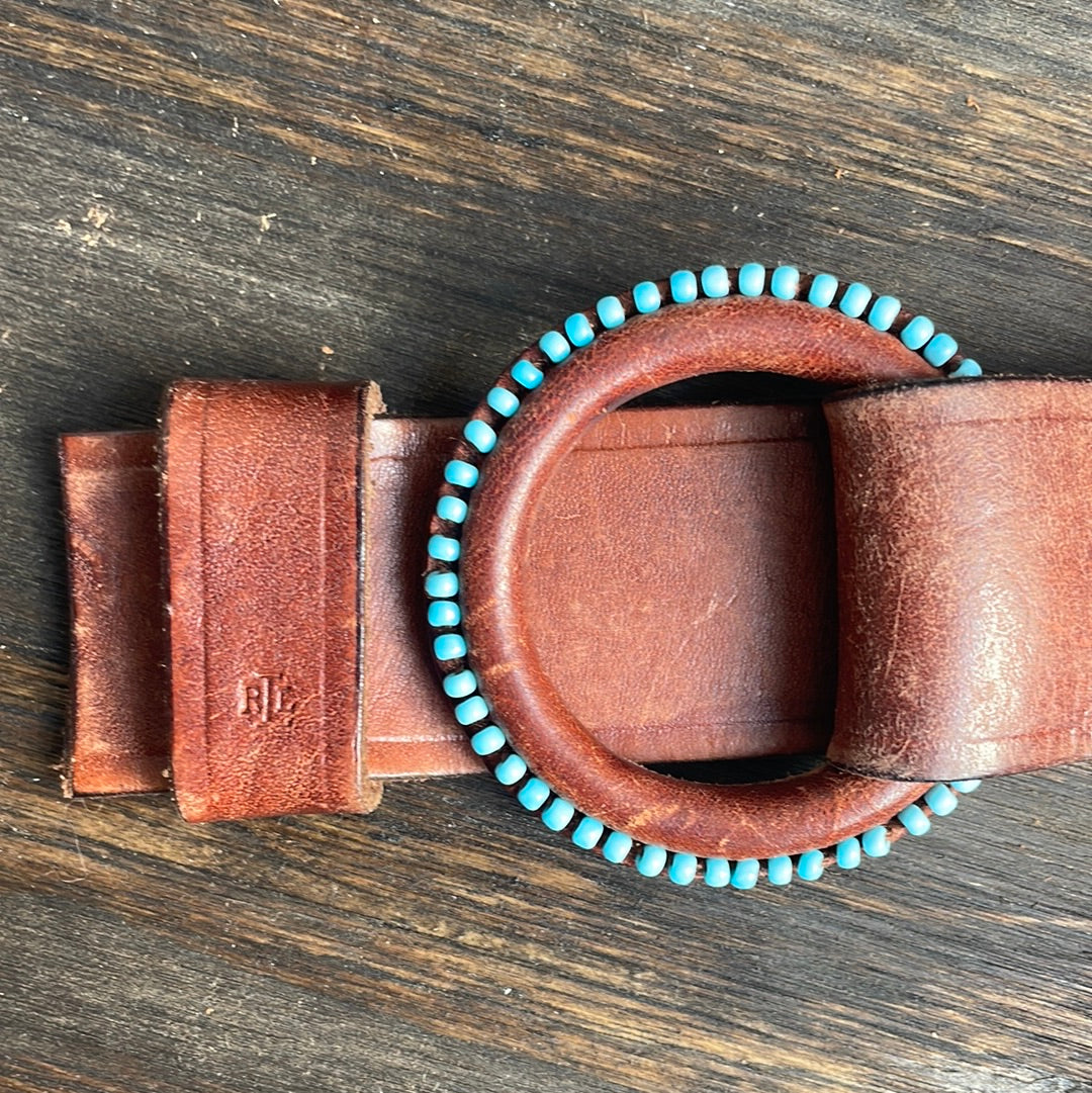 Ralph Lauren Brown Leather Belt with Turquoise Beads