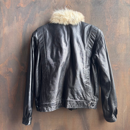 Vintage Black Leather Bomber with Fur