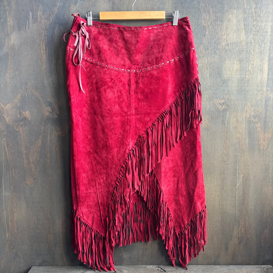 Scully Red Leather Fringed Skirt