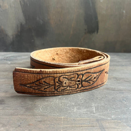 Leather Belt with Black Floral Pattern