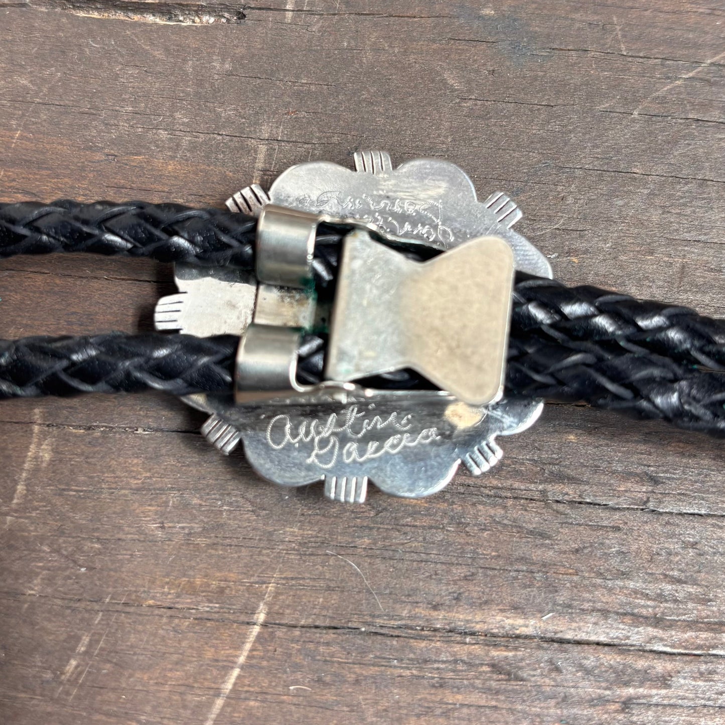 Signed Austin Garcia Turquoise Bolo on Black Leather Tie