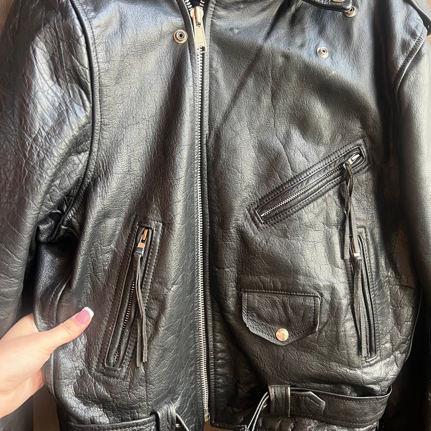 Black Leather Jacket with Silver Buttons and Buckle