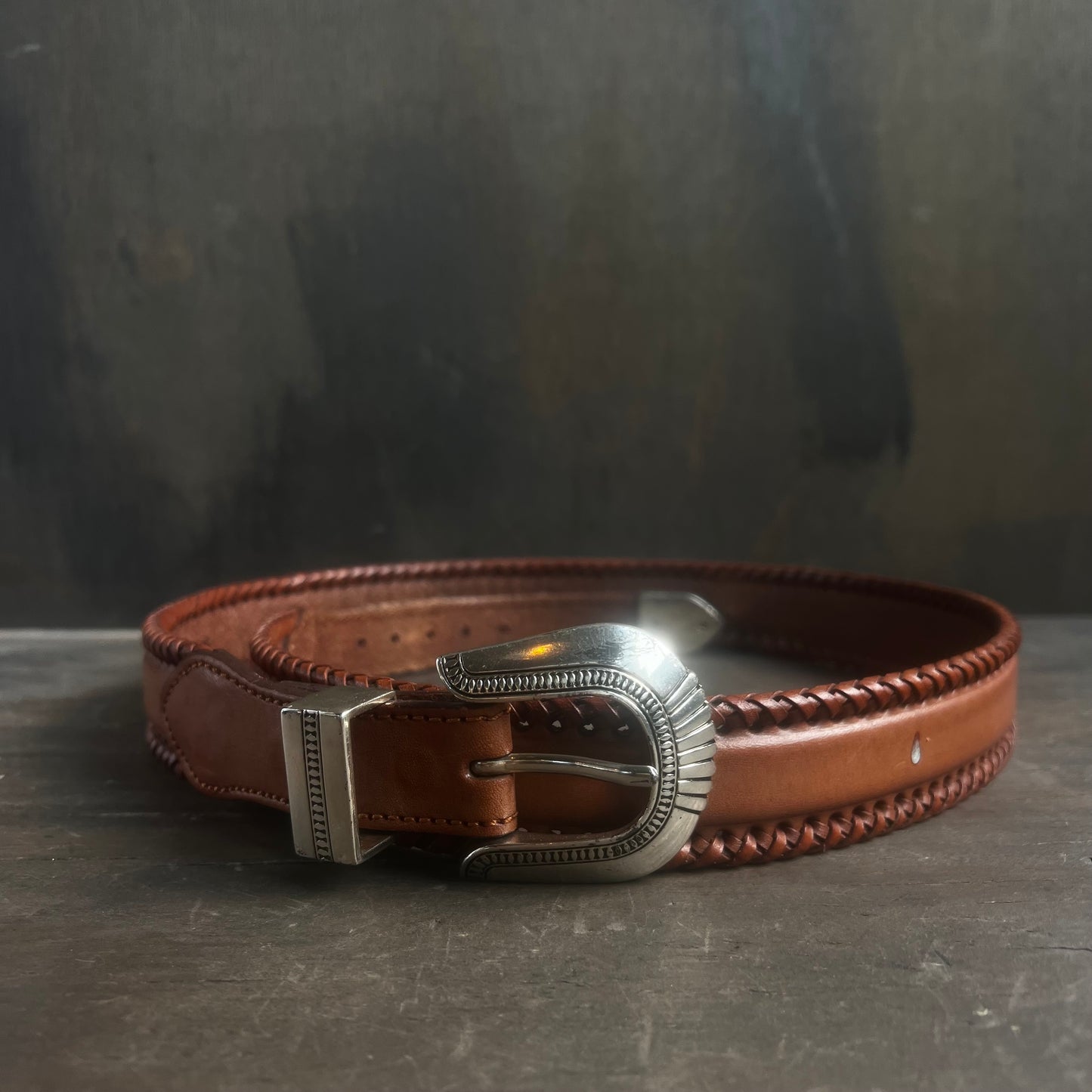Vintage Brown Leather Belt with Braided Border