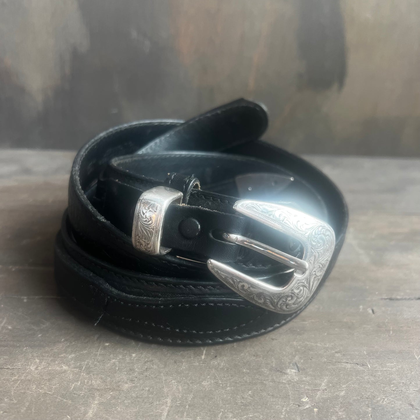 Black Tooled Leather Belt