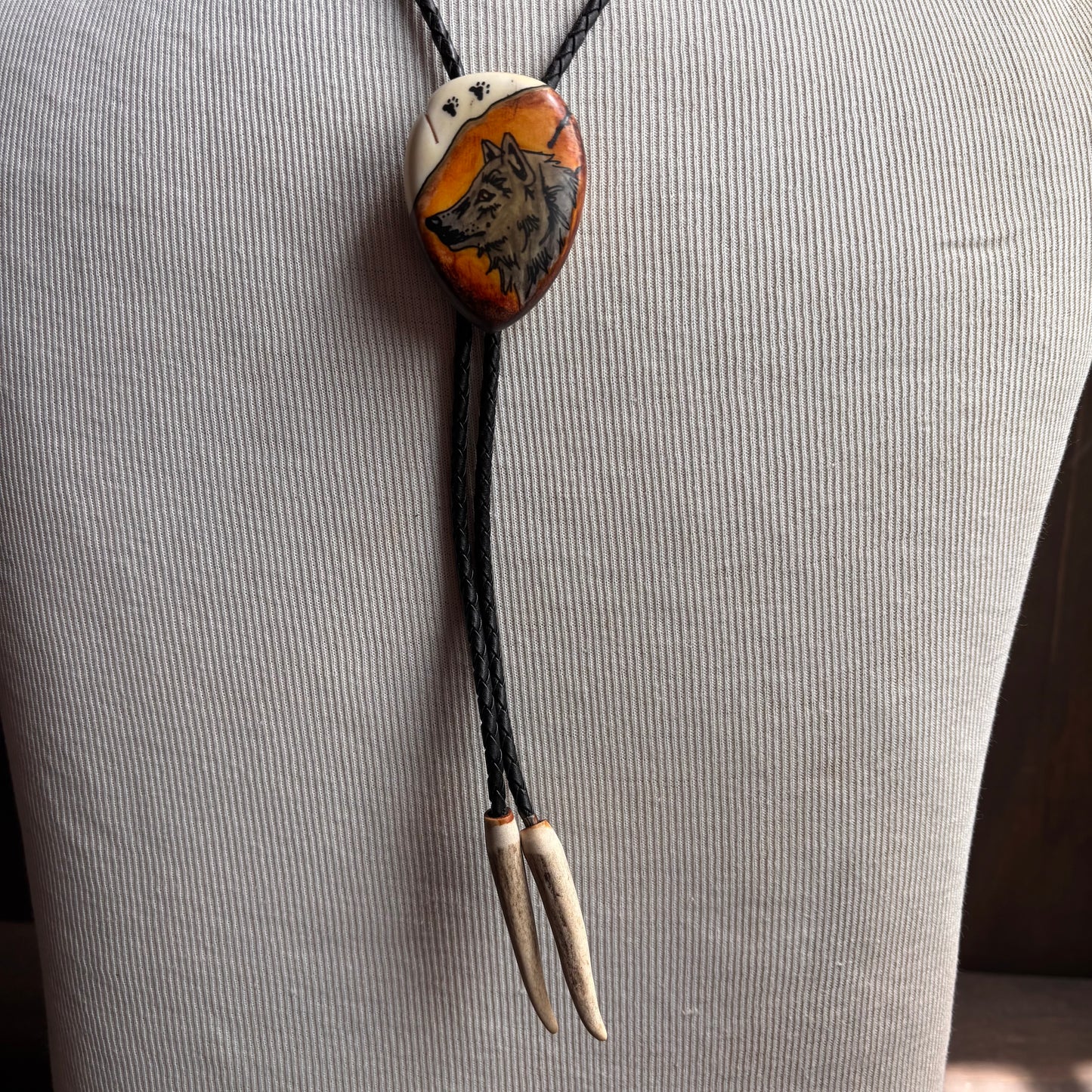 Hand Painted Wolf Bolo on Black Leather Tie