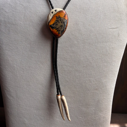 Hand Painted Wolf Bolo on Black Leather Tie