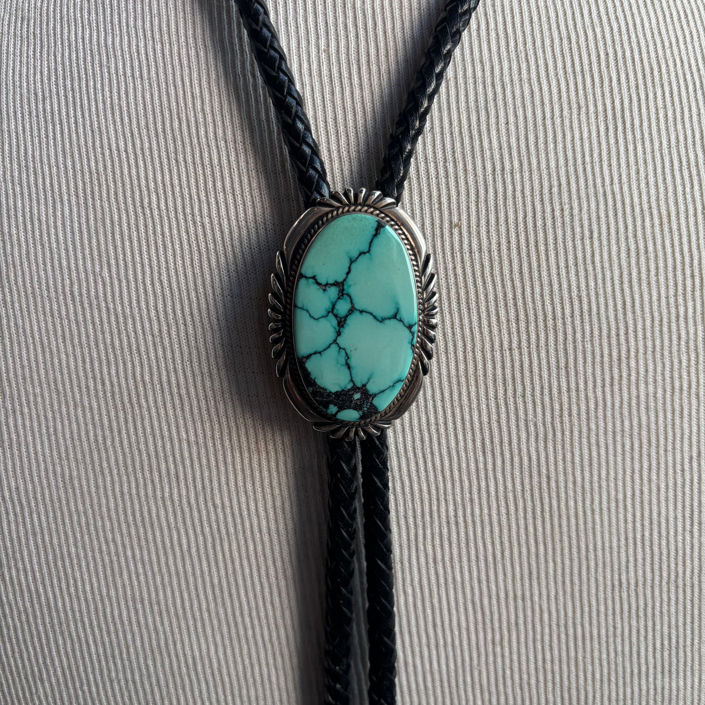 Chunky Turquoise Oval Bolo on Black Tie