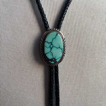 Chunky Turquoise Oval Bolo on Black Tie