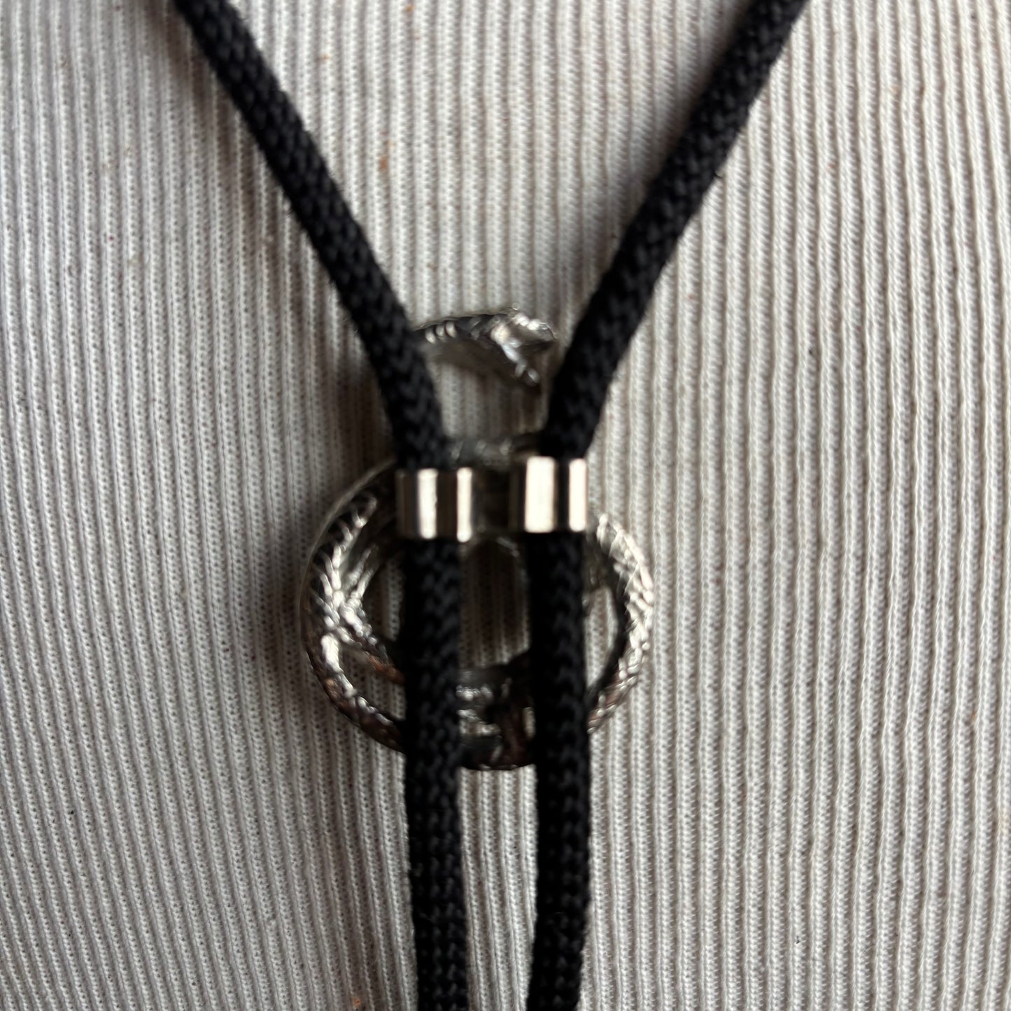 Silver Tone Snake Bolo on Black Tie