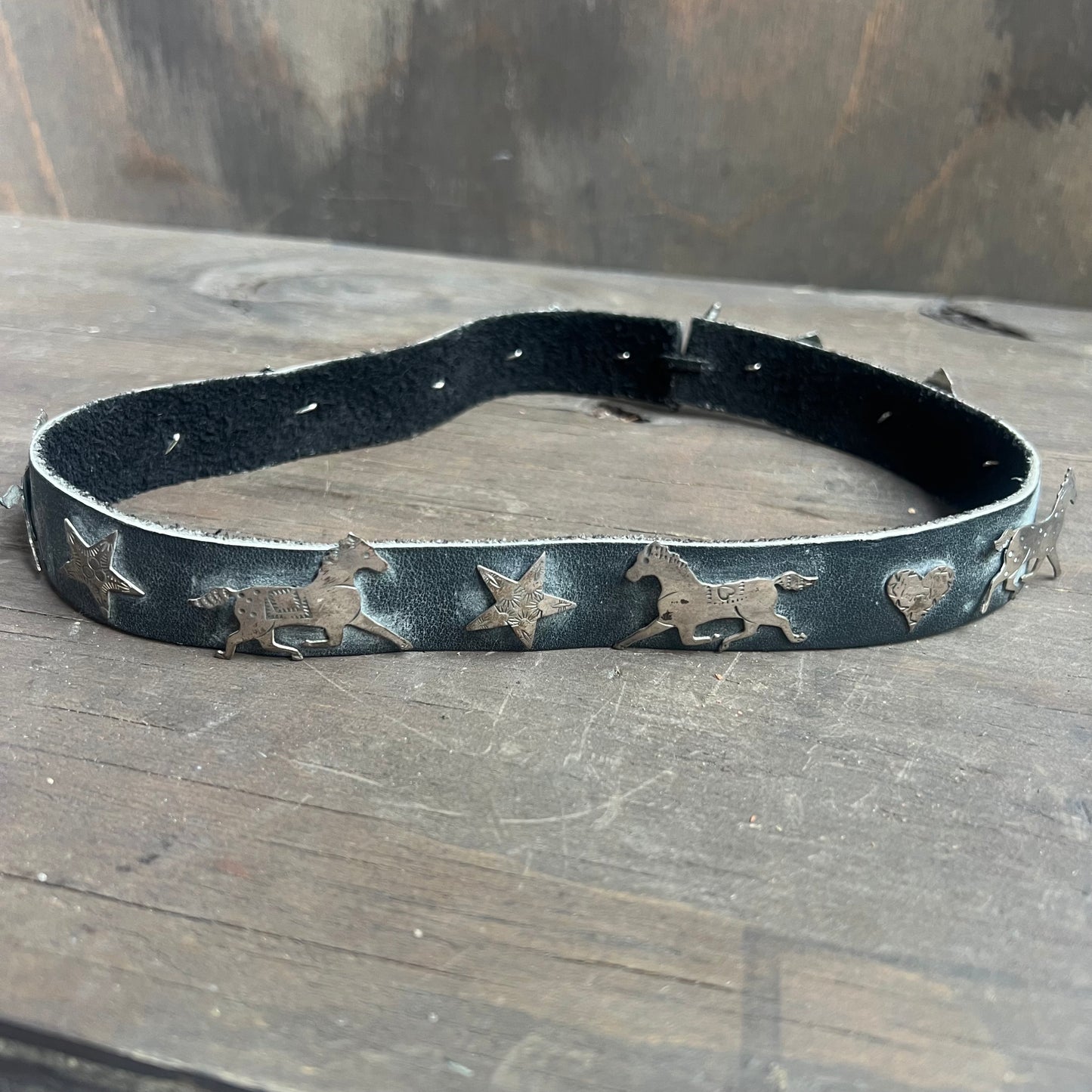 Black Leather Hat Band with Horses, Stars and Hearts