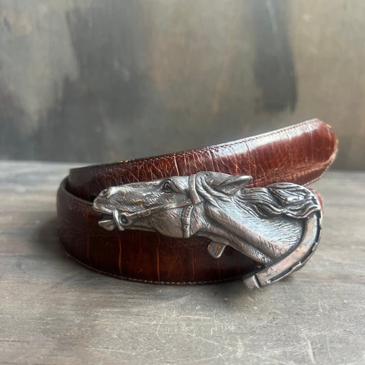 Brighton Embossed Leather Belt with Horse Head Buckle