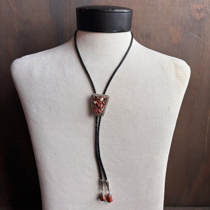 Pink Stone Chip Bolo on Black Leather Tie