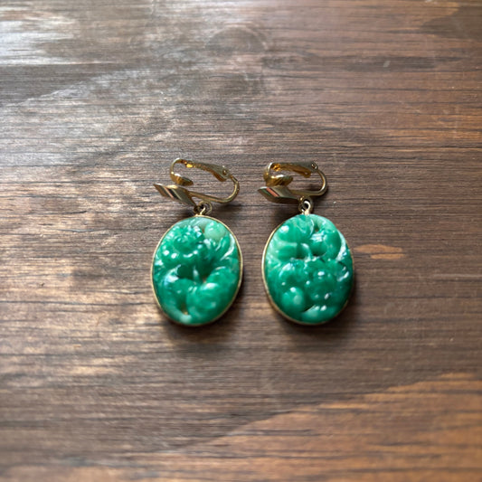 Vintage Carved Green Stone Clip-On Earrings