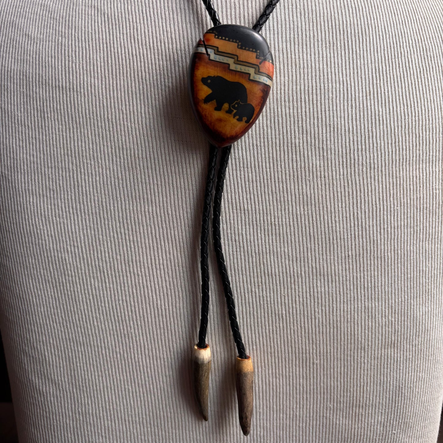 Hand Painted Bear Bolo on Black Leather Tie