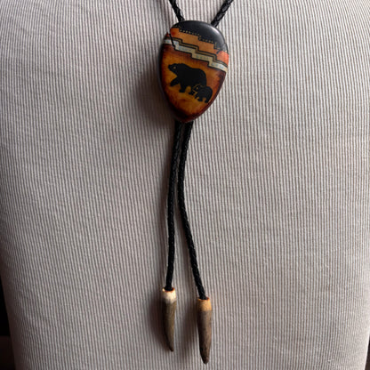 Hand Painted Bear Bolo on Black Leather Tie