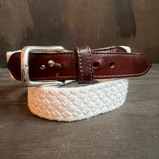 Woven White Belt with Leather Tips