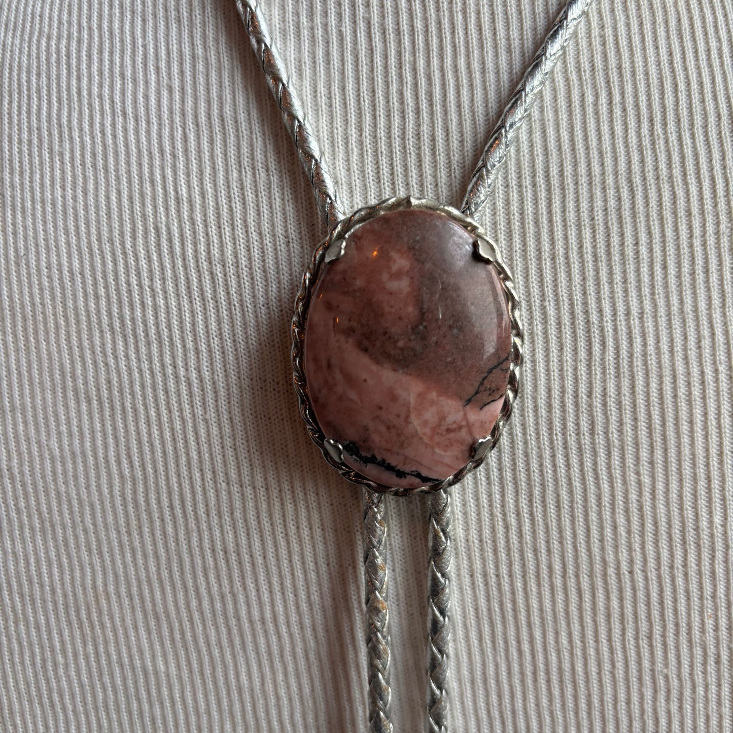 Oval Rhodonite Bolo on Silver Tie