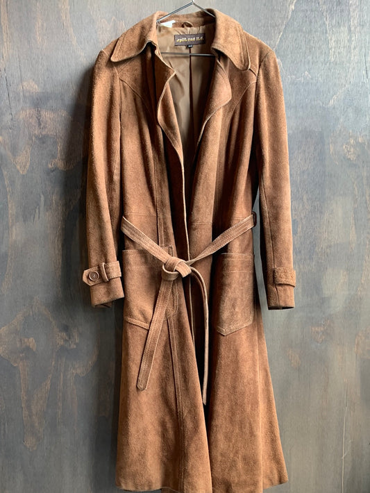 Brown suede belted trench coat