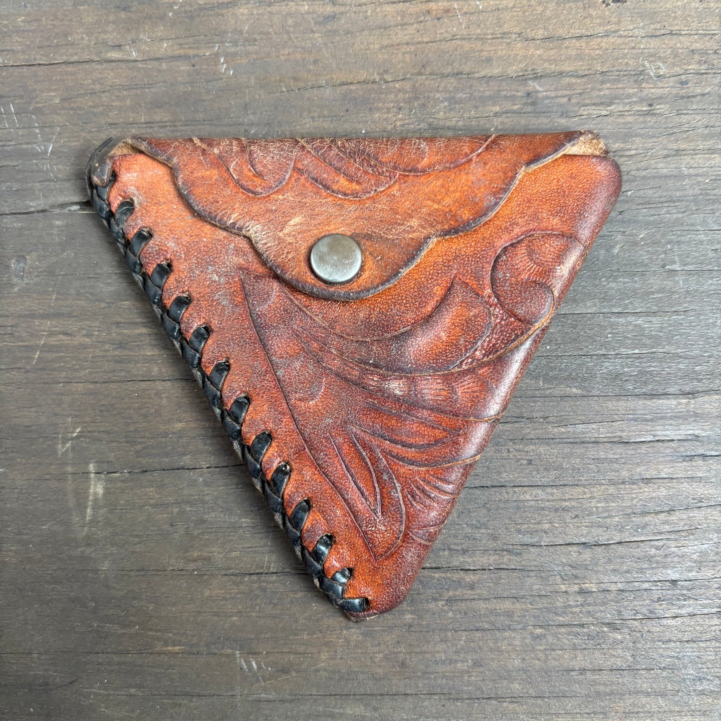 Triangular Tooled Leather Mini Pouch