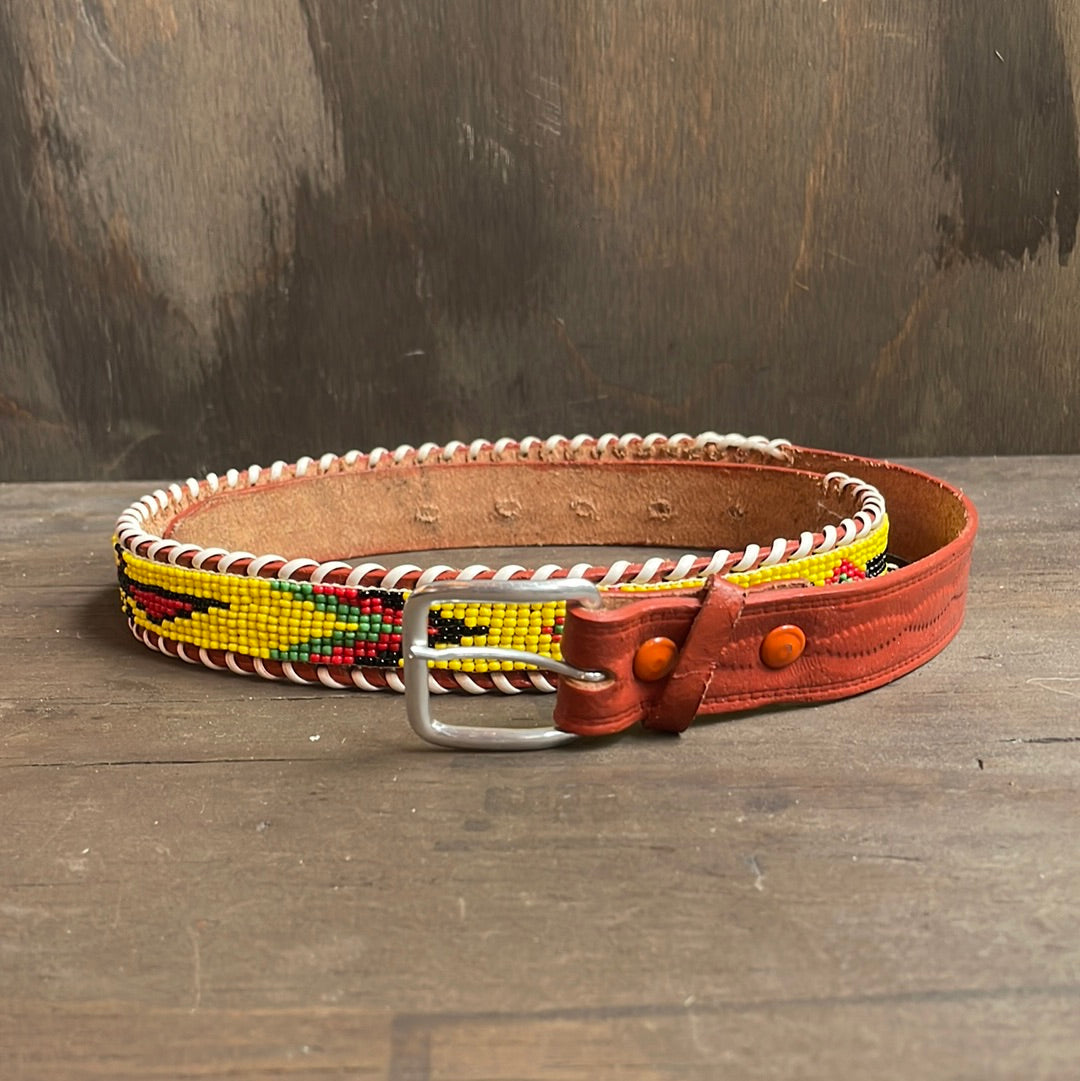 Vintage Multicolor Seed Bead Brown Leather Belt