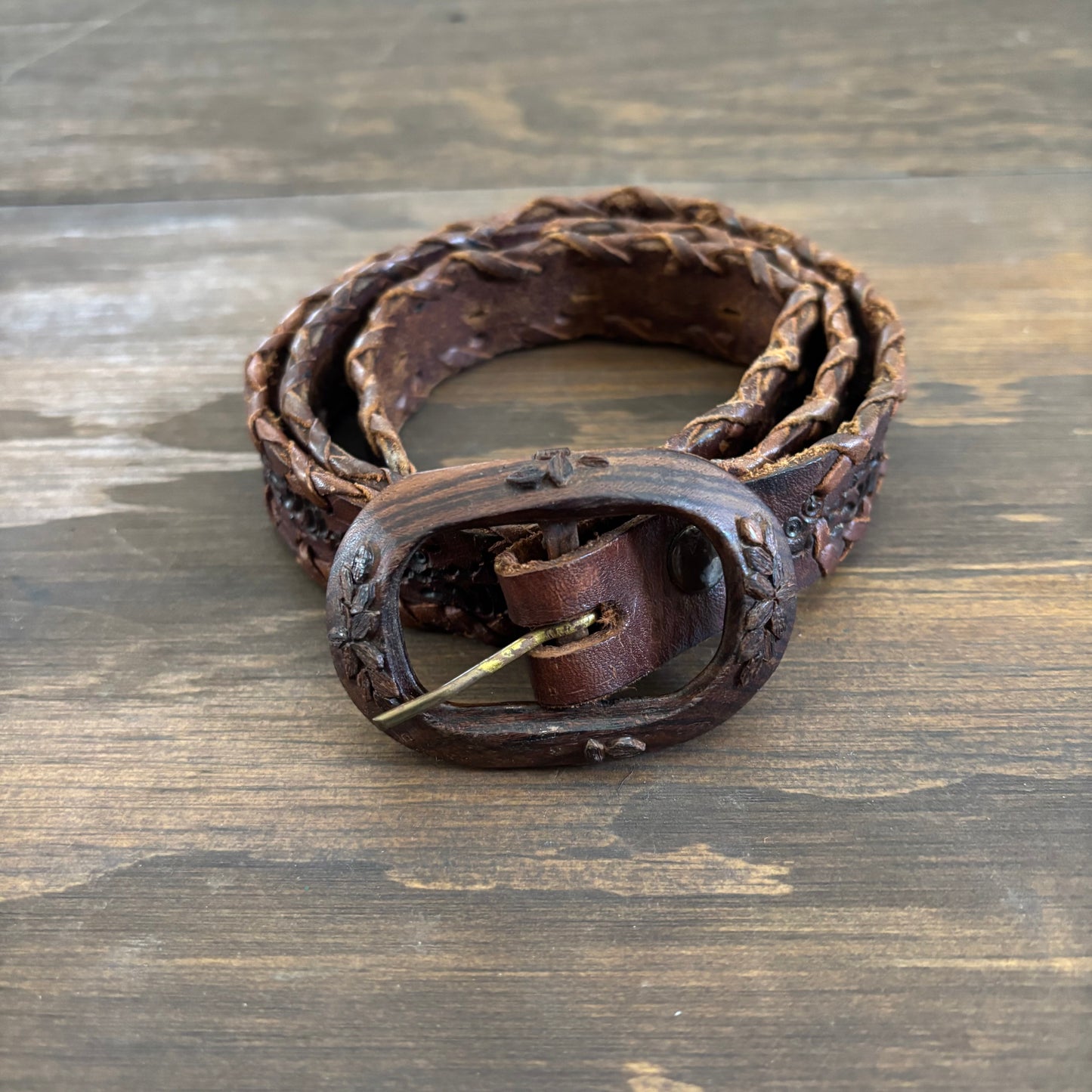 Reversible Brown Leather Belt with Wood Buckle