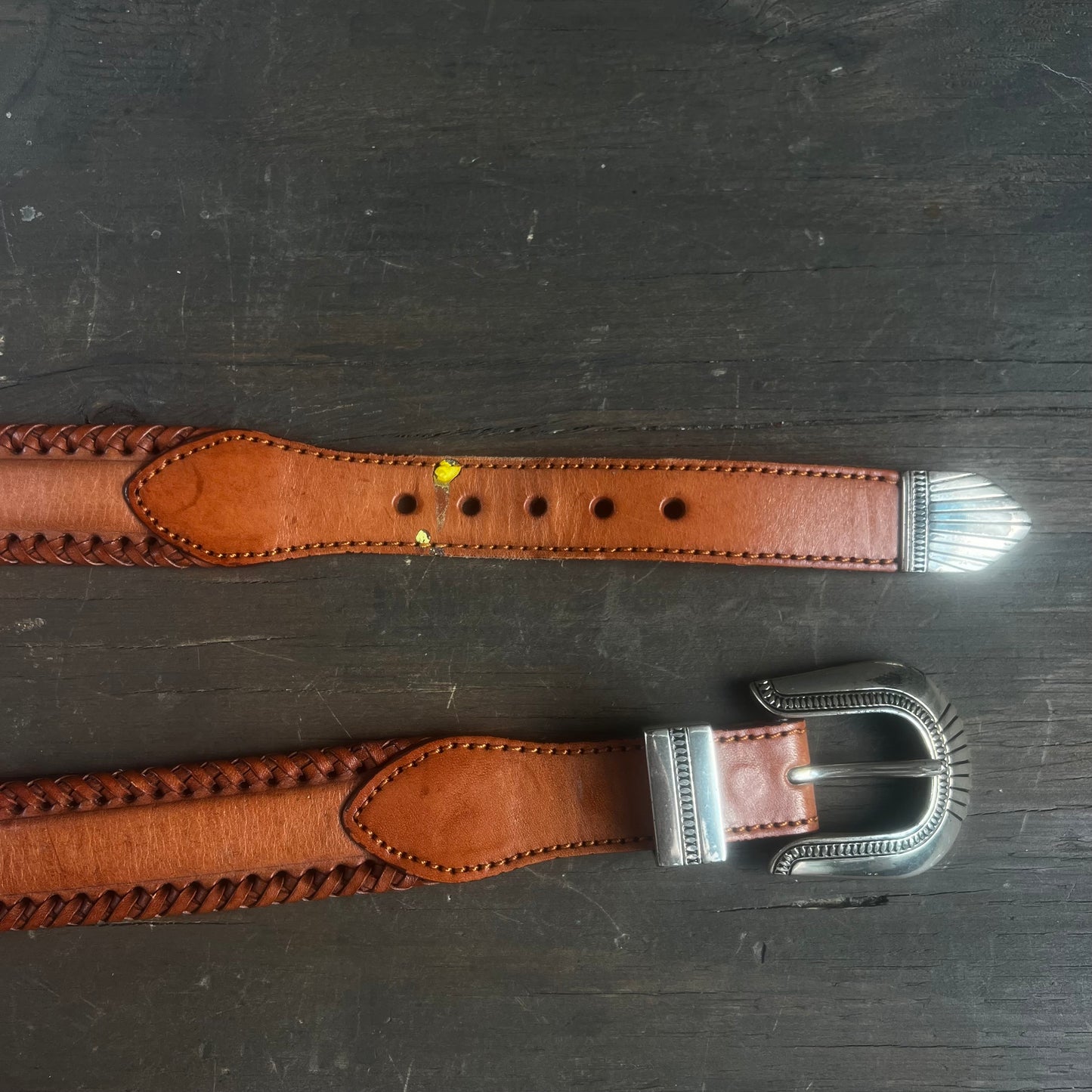 Vintage Brown Leather Belt with Braided Border